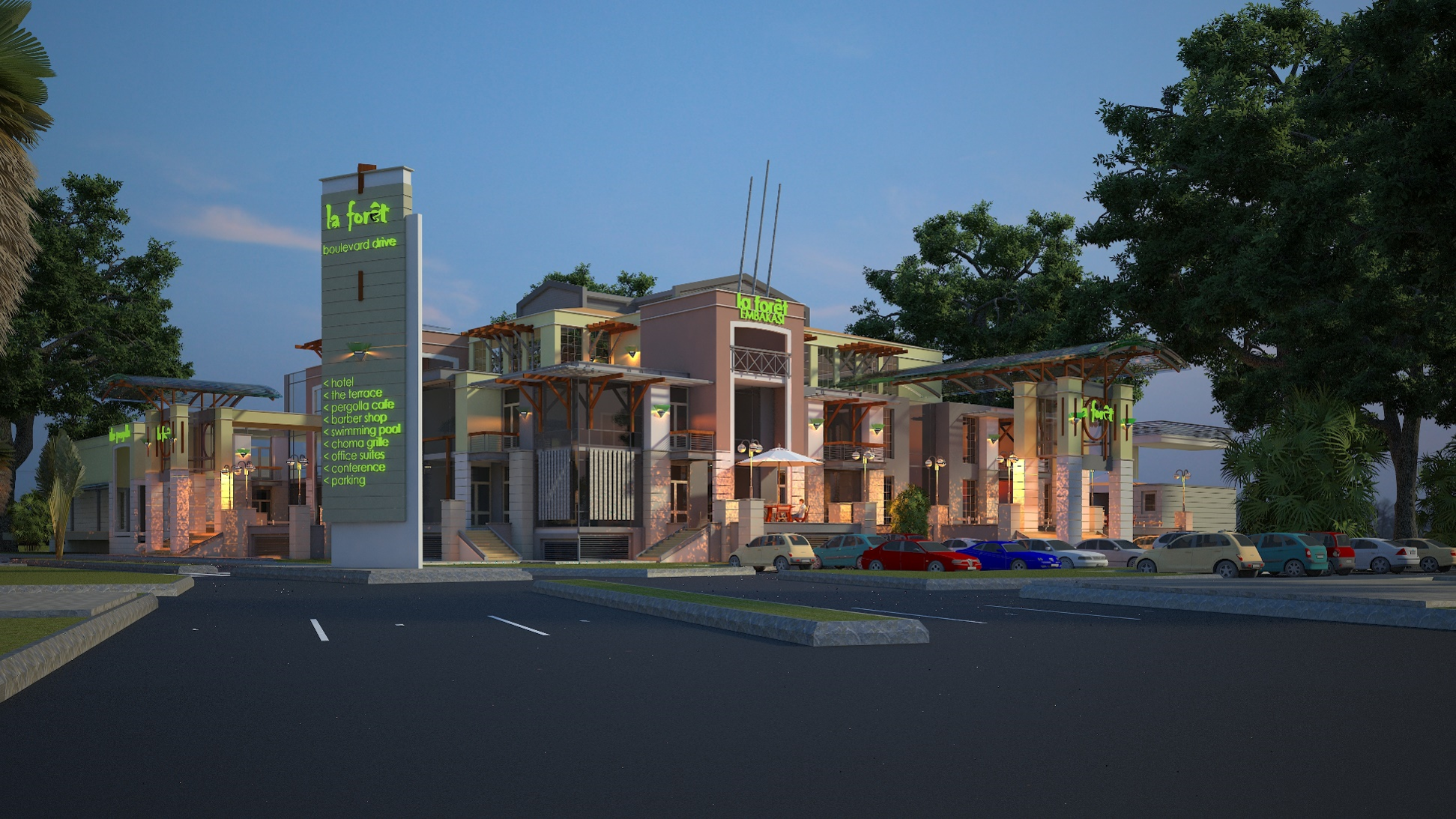 La forest mall, Embakasi exterior render, night